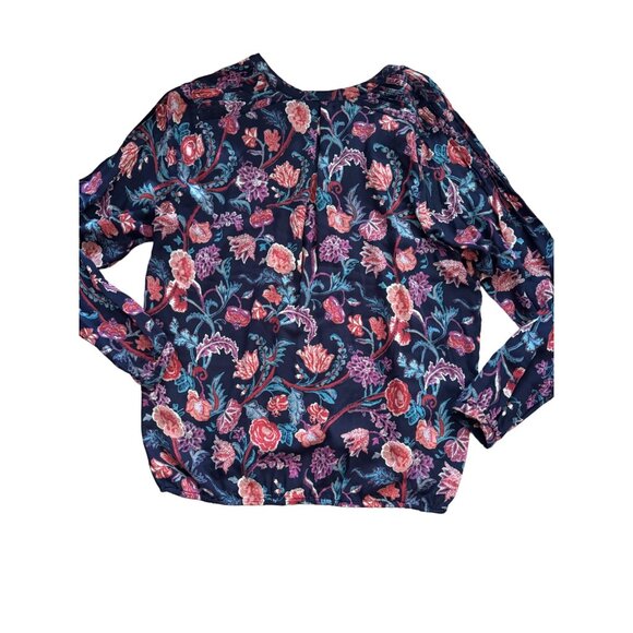 Lucky Brand Floral Blouse L Boho Navy Pullover Long Sleeve Pleated - Picture 2 of 10